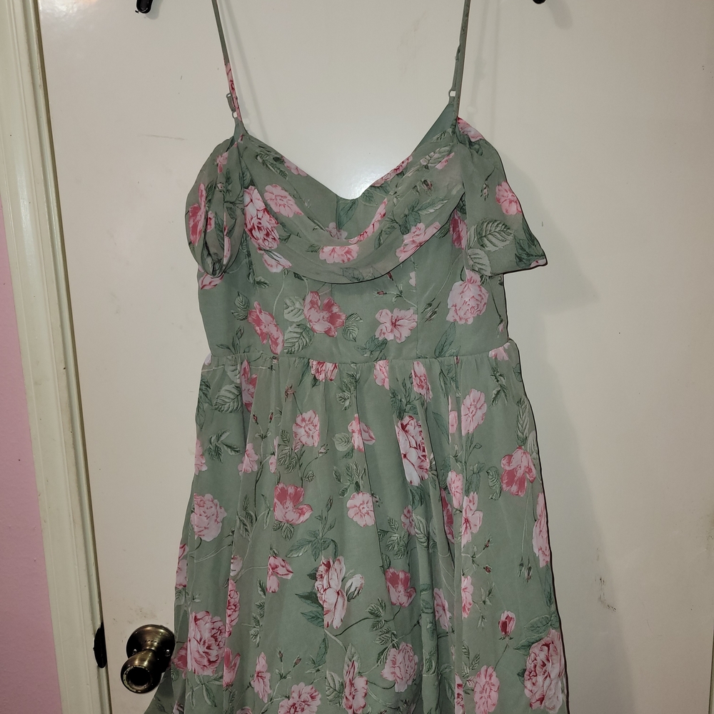City Studios Juniors' Off-The-Shoulder High-Low Dress Green Floral